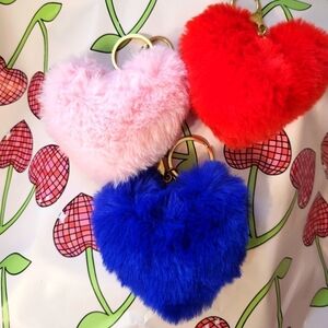 3 Heart Fluffy PomPom Key Chain NEW RED,PINK,BLUE
